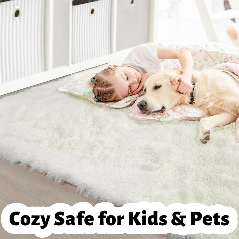 Amdrebio Ivory Area Rugs for Bedroom Living Room, 5x8 Soft Fluffy Modern Indoor Cute Carpet for Kids Room, Home Decor, Thick Fuzzy Rugs for Playroom Nursery Dorm Classroom, Cozy Furry Cream White Rug - Image 2